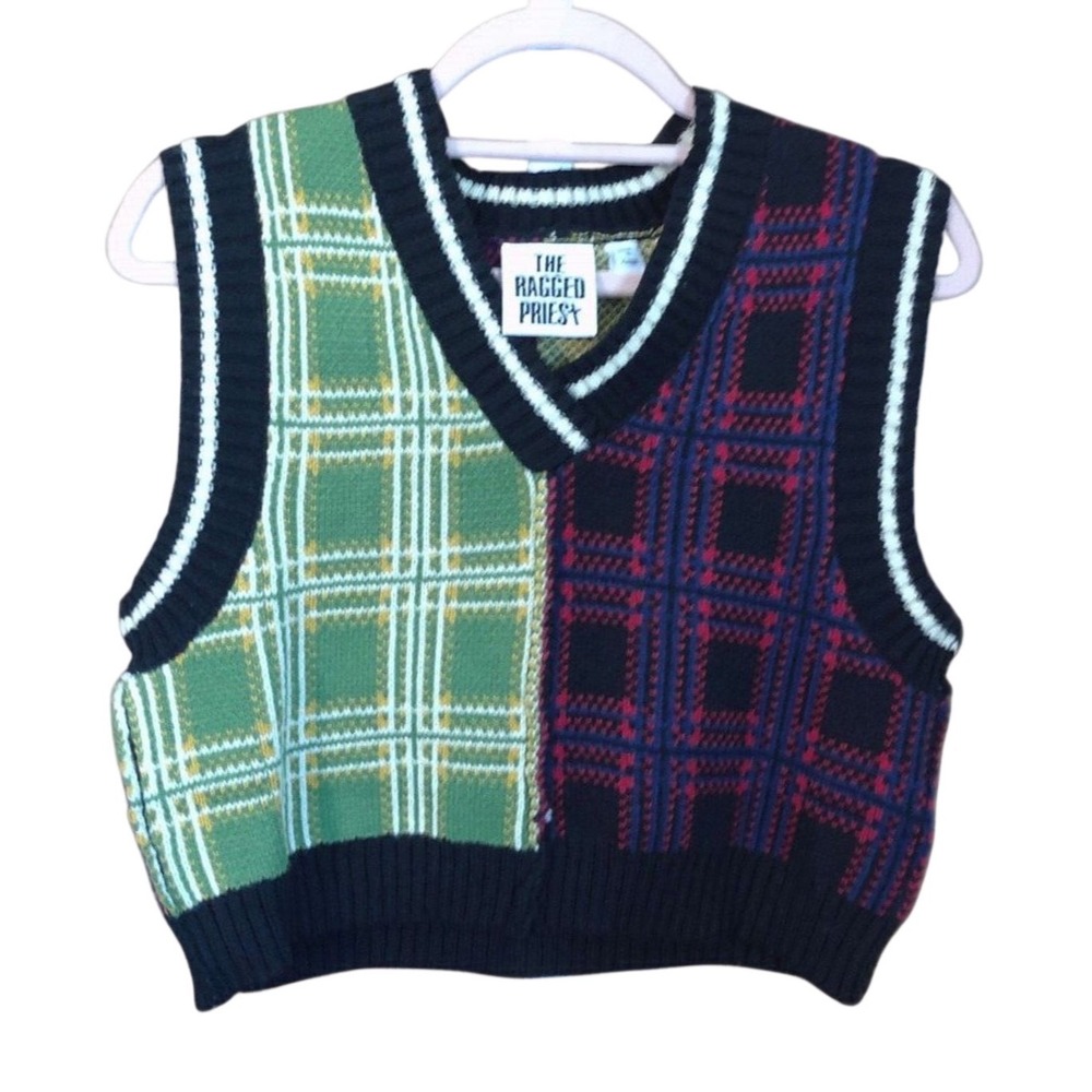 The Ragged Priest Colorblock Plaid Knit Sweater Vest Green Red Check Medium